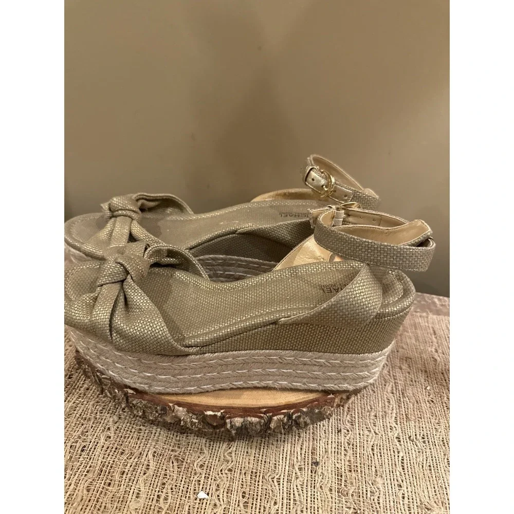Michael Michael Kors Maxwell Mid Wedge Sandals Gold Ankle Strap Knotted